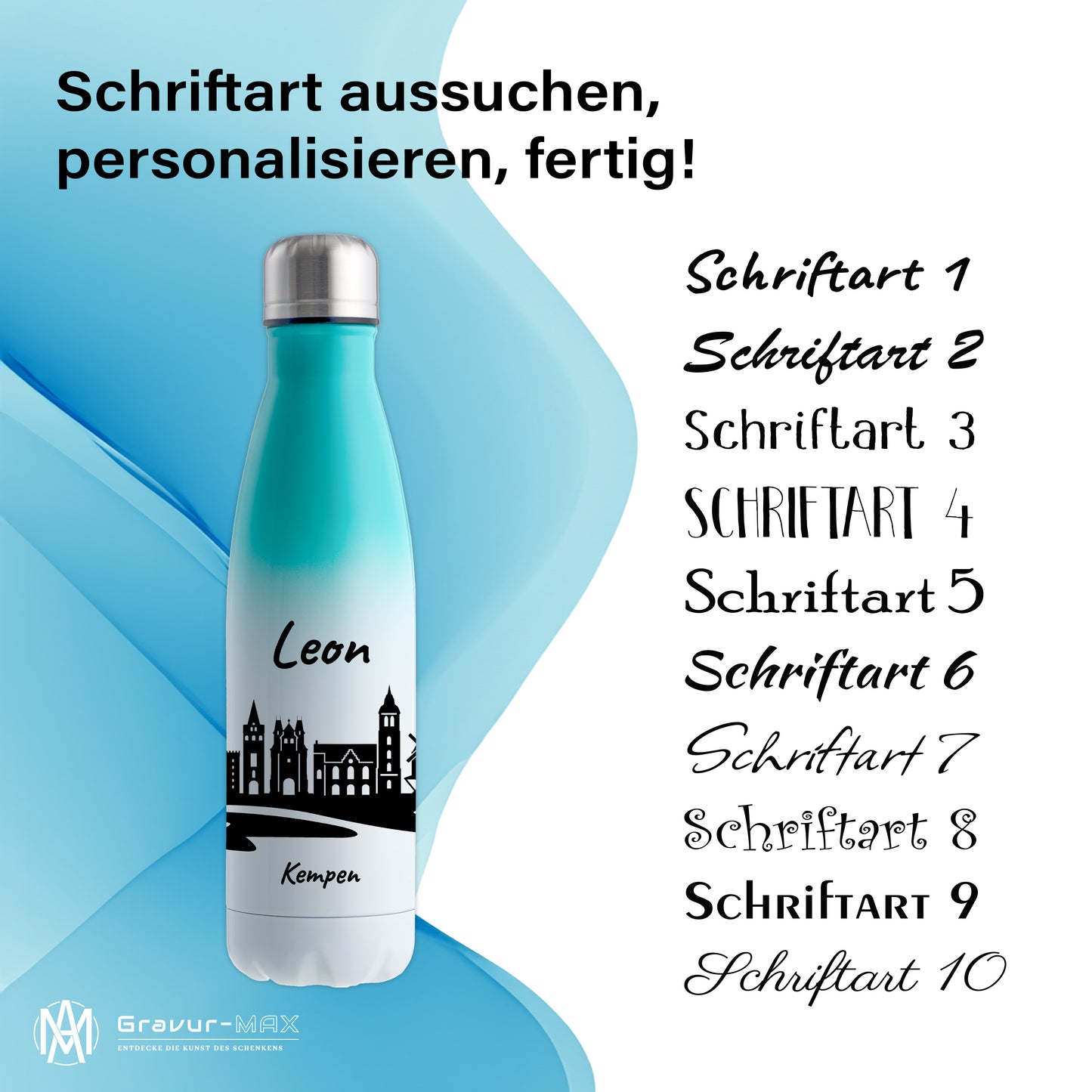 Trinkflasche in Weiß/Mint 500ml aus Edelstahl bedruckt mit der Skyline von Kempen personalisierbar mit Wunschname