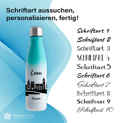 Trinkflasche in Weiß/Mint 500ml aus Edelstahl bedruckt mit der Skyline von Kempen personalisierbar mit Wunschname