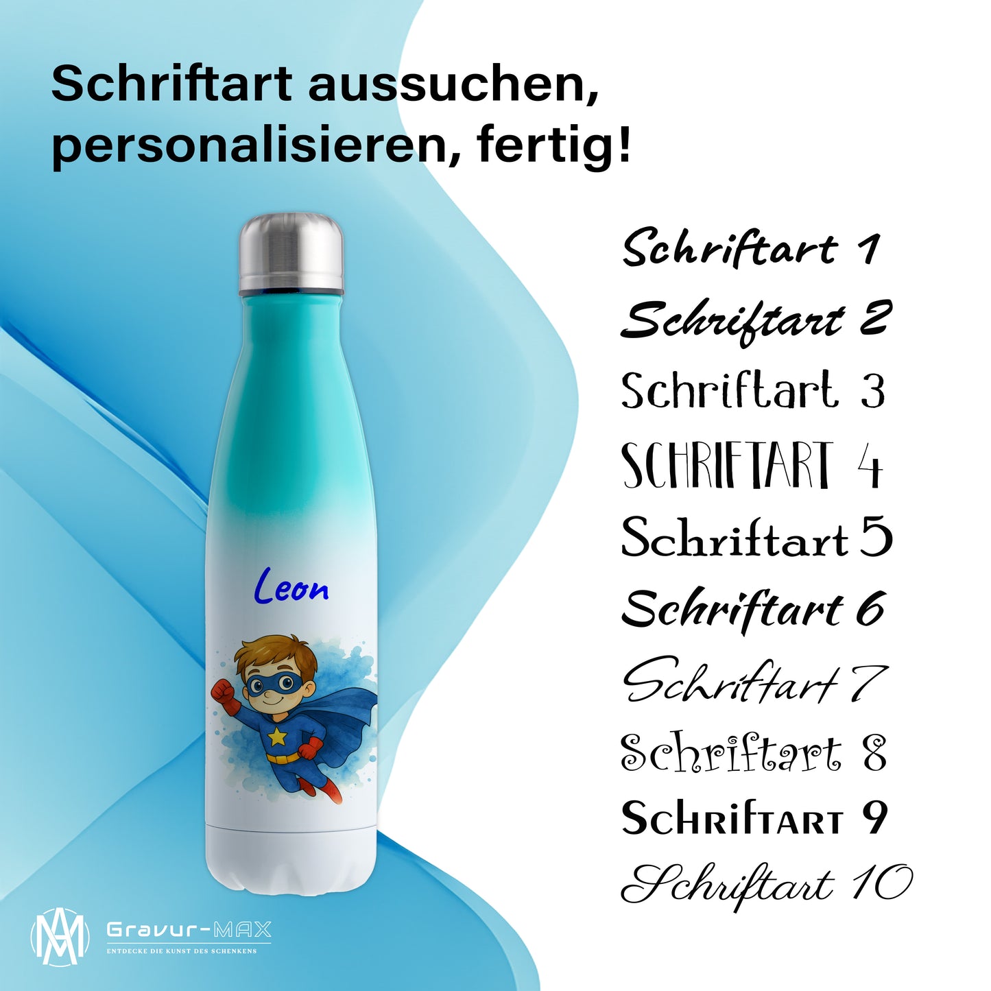 Thermoflasche 500ml in Weiß/Mint bedruckt mit tollen Motiven für Kinder "Superheld" personalisierbar mit Wunschname