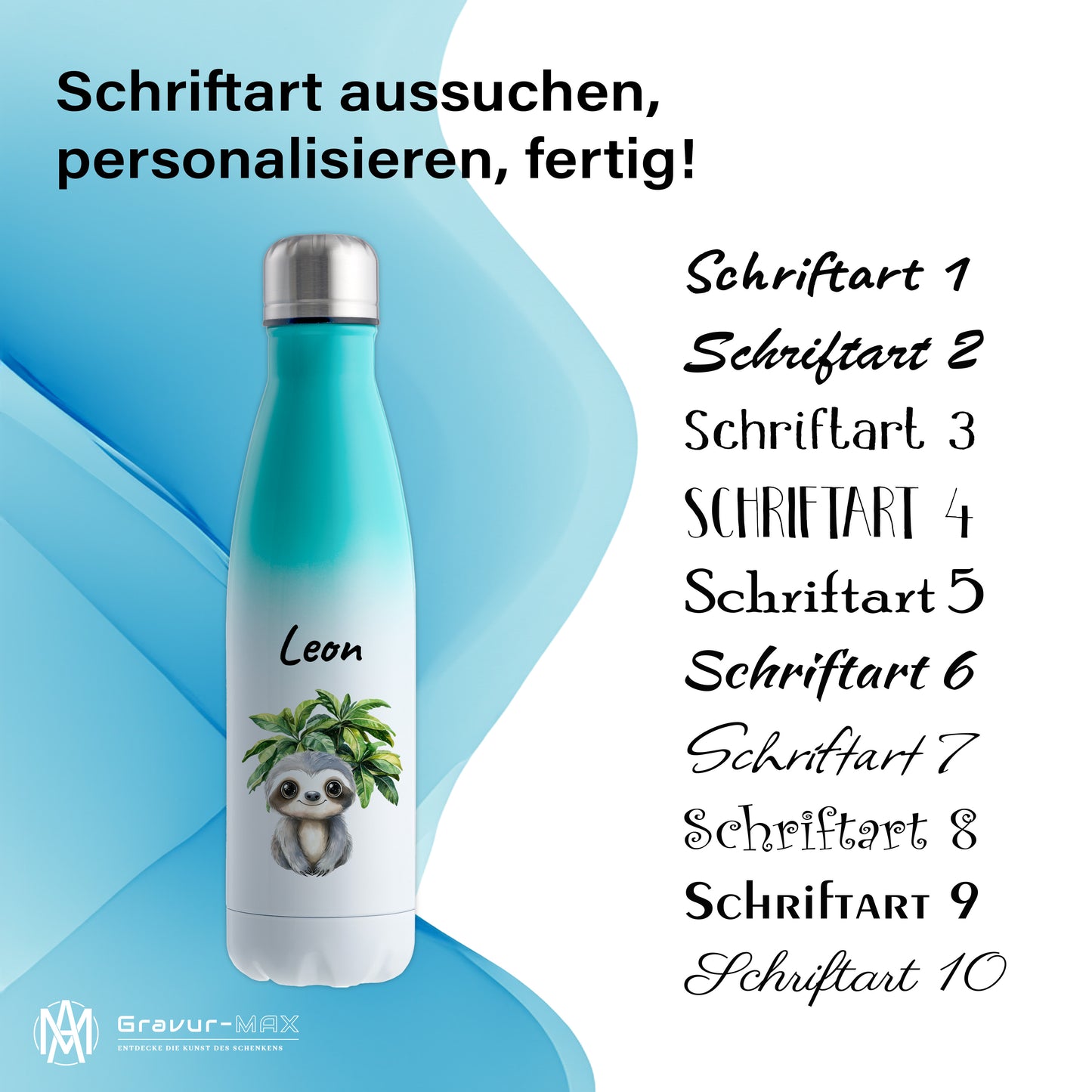 Trinkflasche mit Farbverlauf in Weiß/Mint 500ml aus Edelstahl bedruckt mit Dschungel Tieren"Faultier" personalisierbar für Kinder mit Wunschname