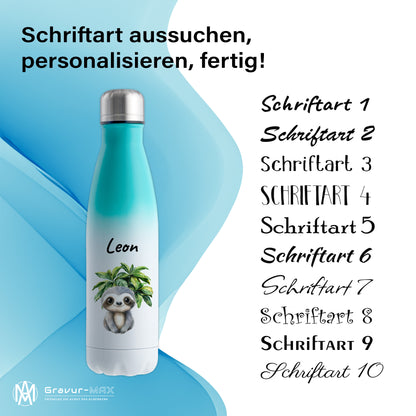 Trinkflasche mit Farbverlauf in Weiß/Mint 500ml aus Edelstahl bedruckt mit Dschungel Tieren"Faultier" personalisierbar für Kinder mit Wunschname