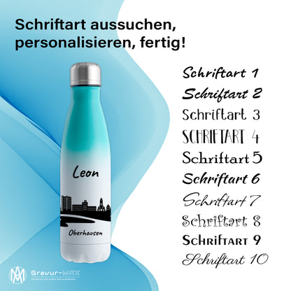 Trinkflasche in Weiß/Mint 500ml aus Edelstahl bedruckt mit der Skyline von Oberhausen personalisierbar mit Wunschname