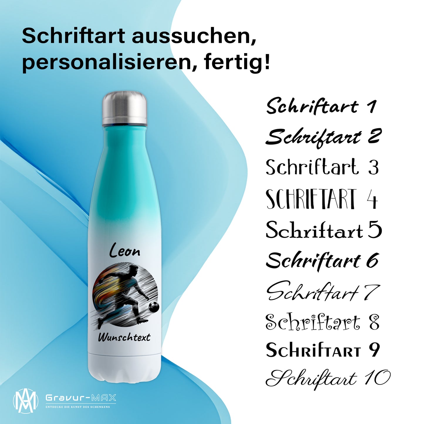 Thermoflasche 500ml in Weiß/Mint aus Edelstahl bedruckt "Fußball" Motiv2 personalisierbar mit Wunschname & Text