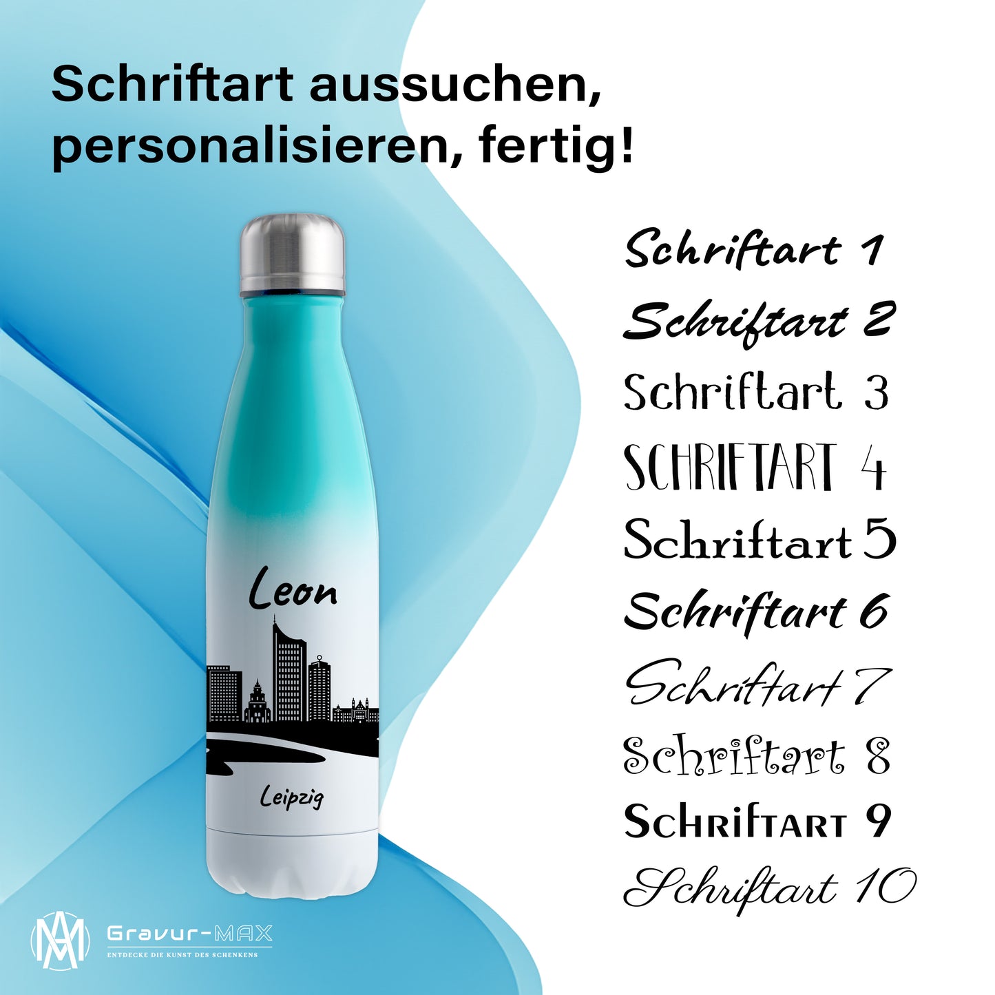 Trinkflasche in Weiß/Mint 500ml aus Edelstahl bedruckt mit der Skyline von Leipzig personalisierbar mit Wunschname