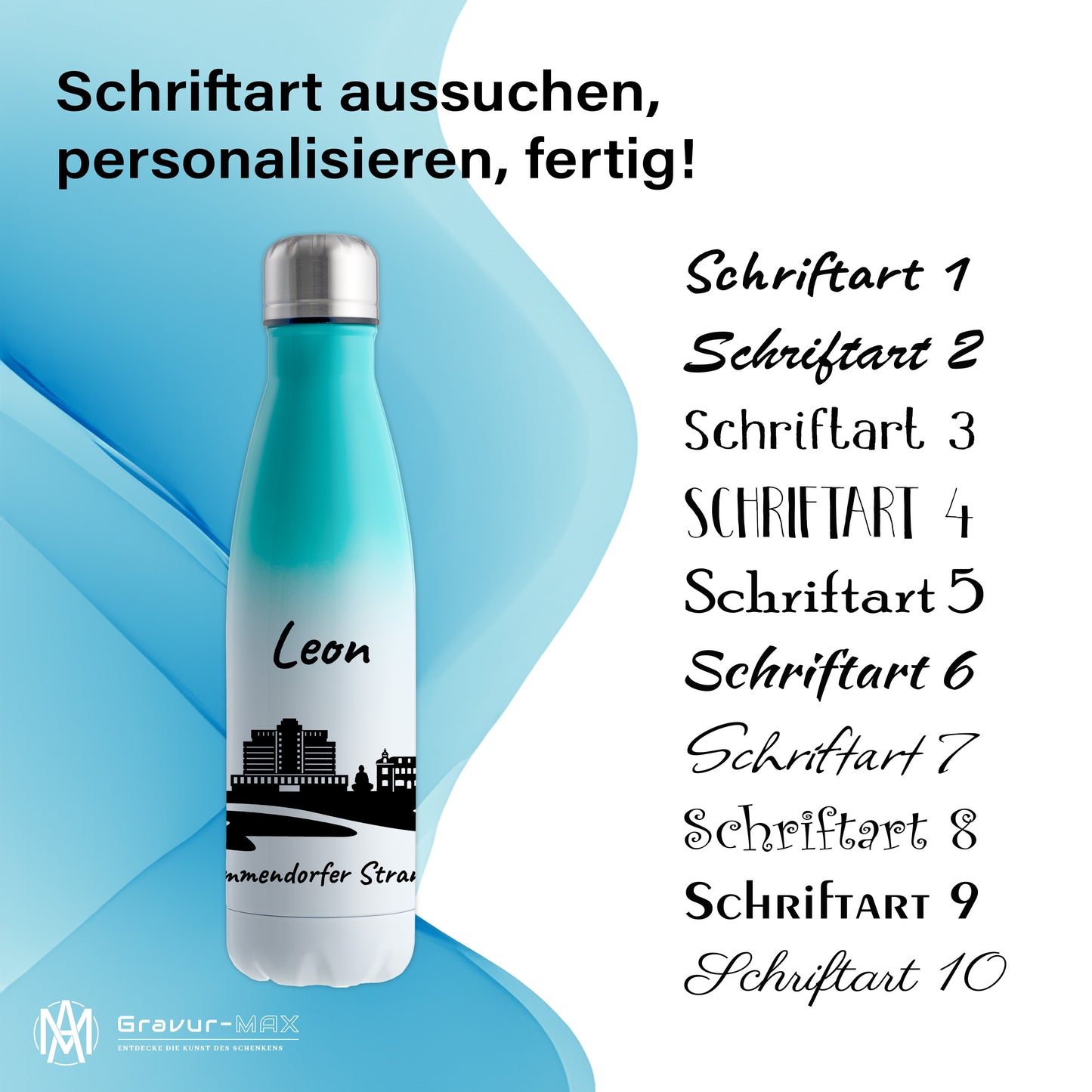 Trinkflasche in Weiß/Mint 500ml aus Edelstahl bedruckt mit der Skyline von Timmendorfer Strand personalisierbar mit Wunschname