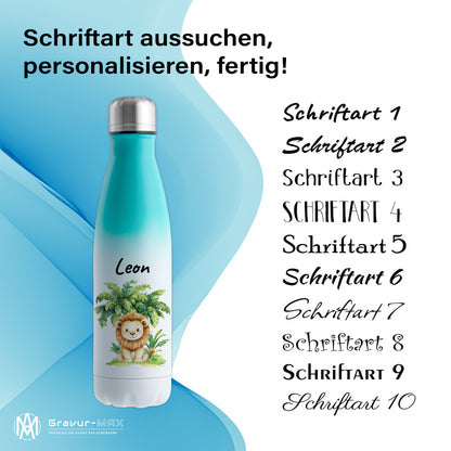 Trinkflasche mit Farbverlauf in Weiß/Mint 500ml aus Edelstahl bedruckt mit Dschungel Tieren"Löwe" personalisierbar für Kinder mit Wunschname