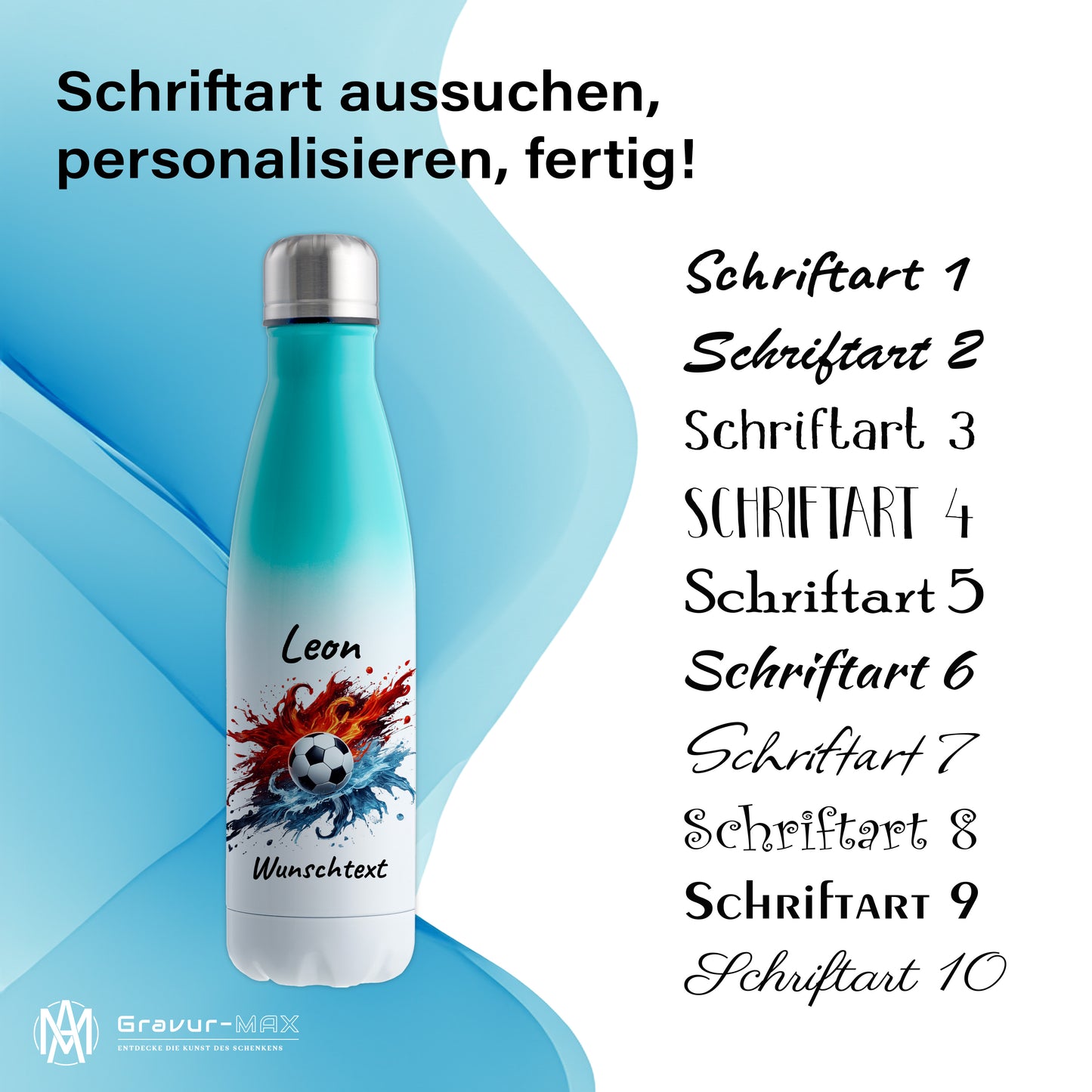 Thermoflasche 500ml in Weiß/Mint aus Edelstahl bedruckt "Fußball" Motiv12 personalisierbar mit Wunschname & Text