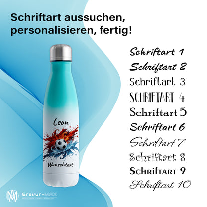 Thermoflasche 500ml in Weiß/Mint aus Edelstahl bedruckt "Fußball" Motiv12 personalisierbar mit Wunschname & Text