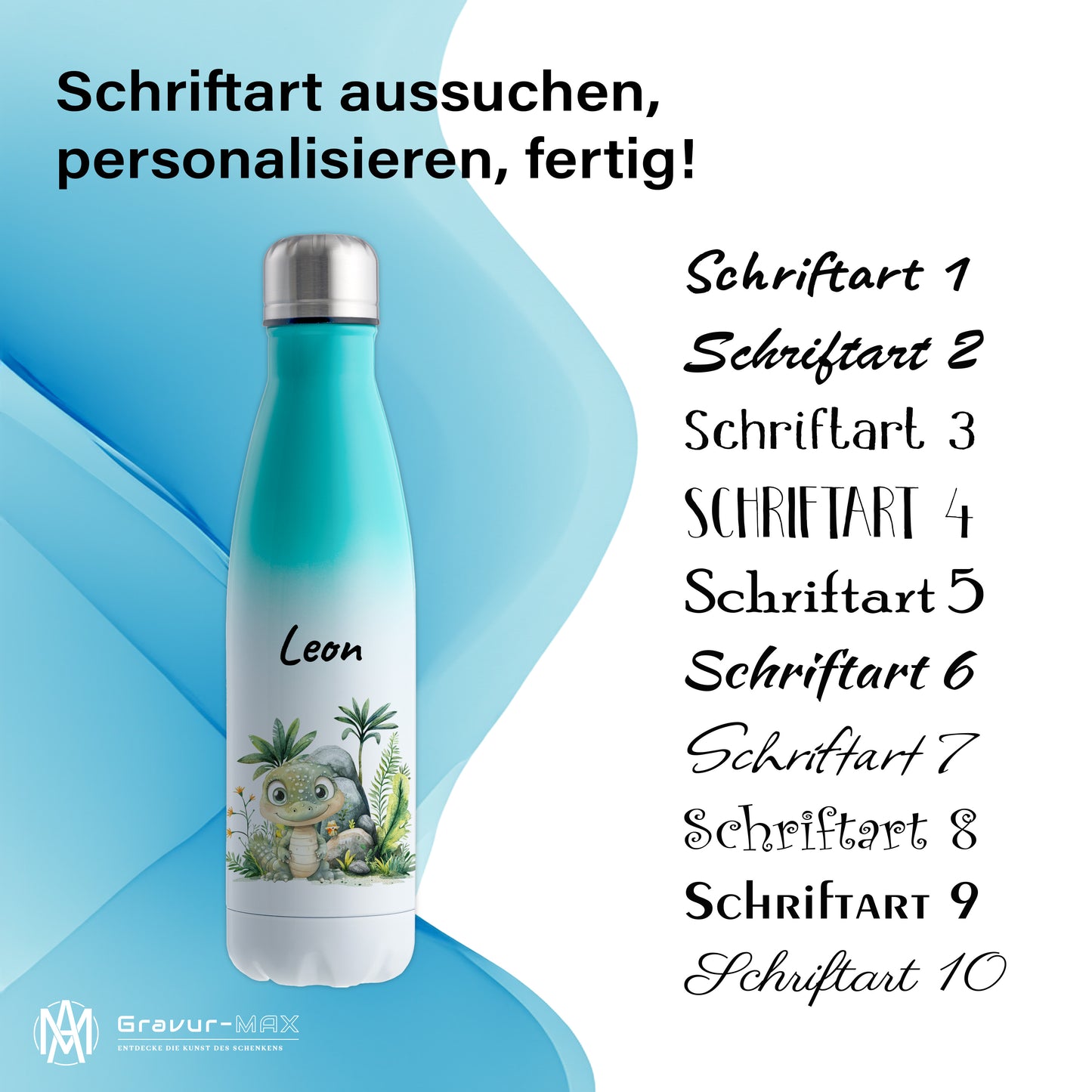 Trinkflasche mit Farbverlauf in Weiß/Mint 500ml aus Edelstahl bedruckt mit Dschungel Tieren"Krokodil" personalisierbar für Kinder mit Wunschname