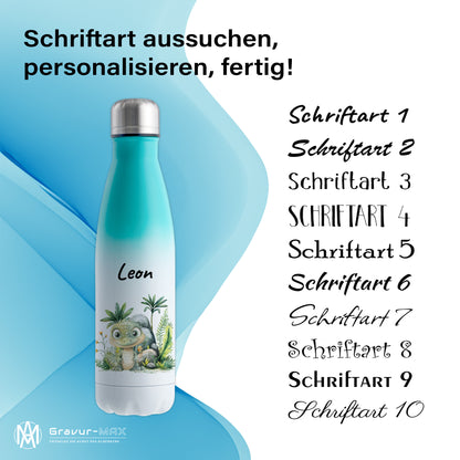 Trinkflasche mit Farbverlauf in Weiß/Mint 500ml aus Edelstahl bedruckt mit Dschungel Tieren"Krokodil" personalisierbar für Kinder mit Wunschname
