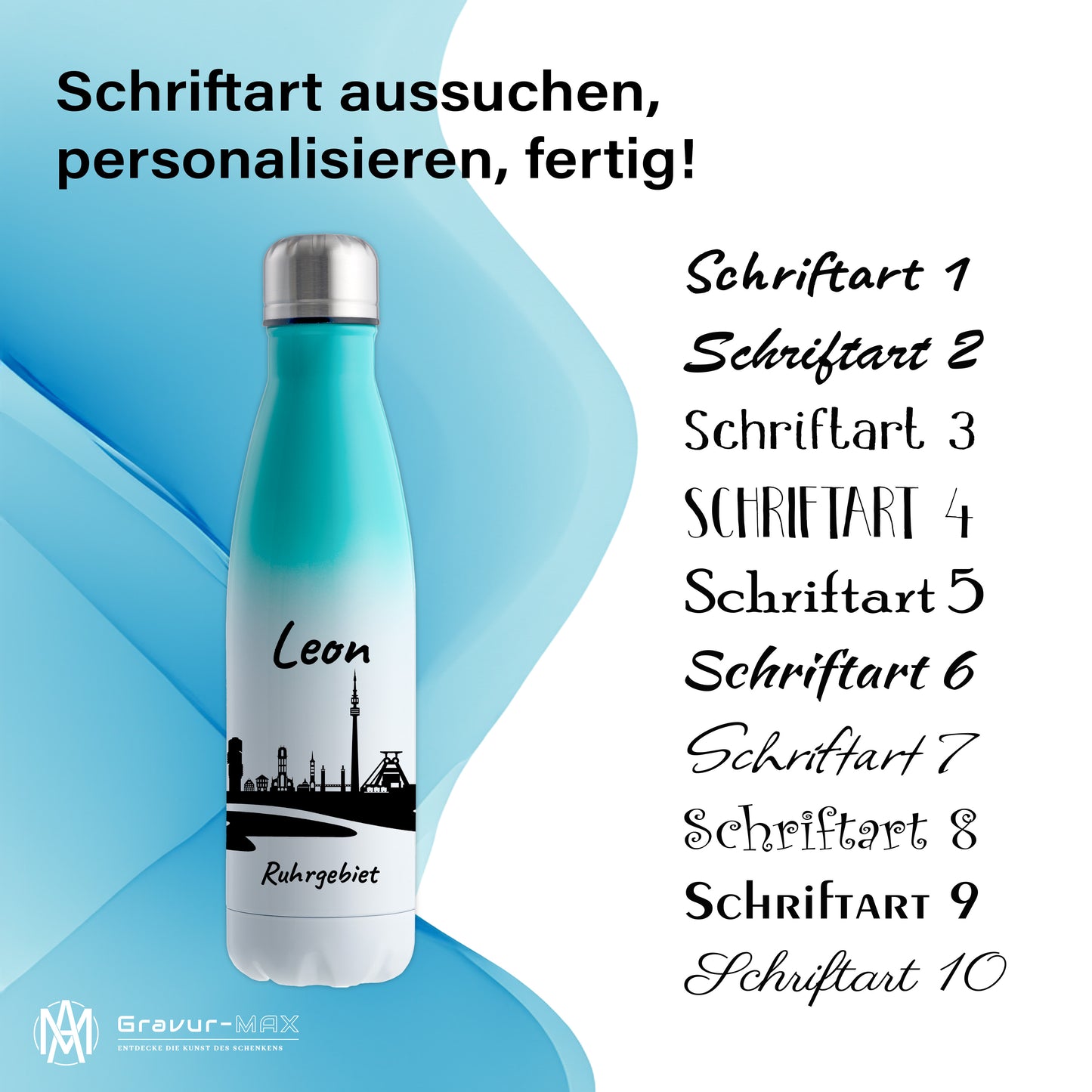 Trinkflasche in Weiß/Mint 500ml aus Edelstahl bedruckt mit der Skyline von Ruhrgebiet personalisierbar mit Wunschname