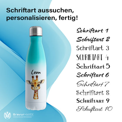 Trinkflasche in Weiß/Mint 500ml aus Edelstahl bedruckt mit niedlichen Tieren "Giraffe" personalisierbar für Kinder mit Wunschname