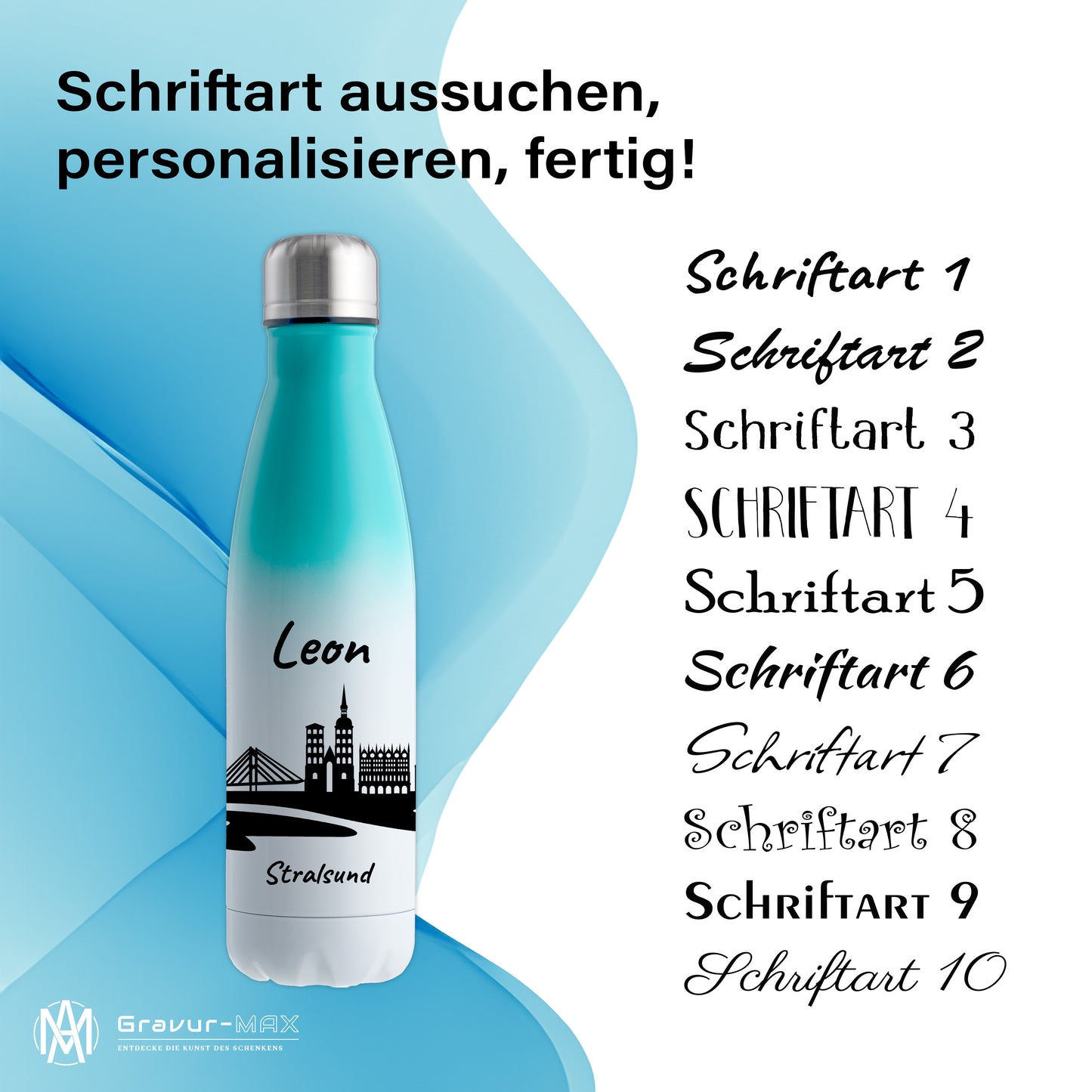 Trinkflasche in Weiß/Mint 500ml aus Edelstahl bedruckt mit der Skyline von Stralsund personalisierbar mit Wunschname