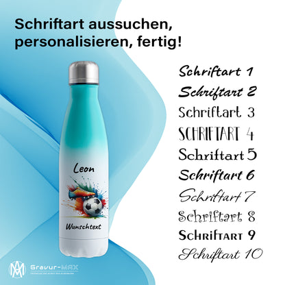Thermoflasche 500ml in Weiß/Mint aus Edelstahl bedruckt "Fußball" Motiv6 personalisierbar mit Wunschname & Text