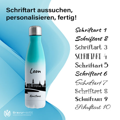 Trinkflasche in Weiß/Mint 500ml aus Edelstahl bedruckt mit der Skyline von Konstanz personalisierbar mit Wunschname