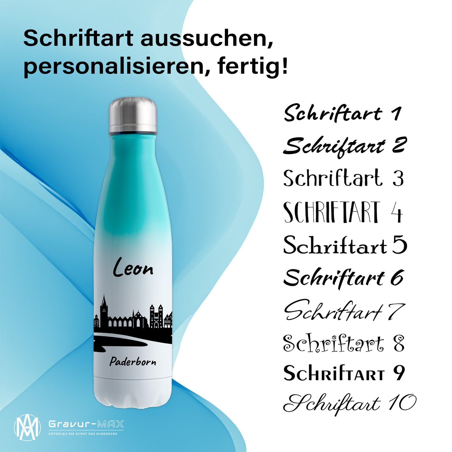 Trinkflasche in Weiß/Mint 500ml aus Edelstahl bedruckt mit der Skyline von Paderborn personalisierbar mit Wunschname