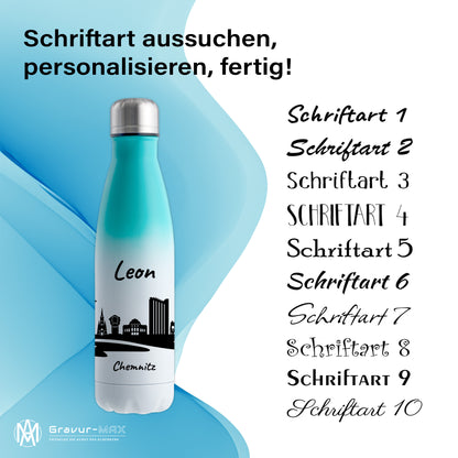 Trinkflasche in Weiß/Mint 500ml aus Edelstahl bedruckt mit der Skyline von Chemnitz personalisierbar mit Wunschname