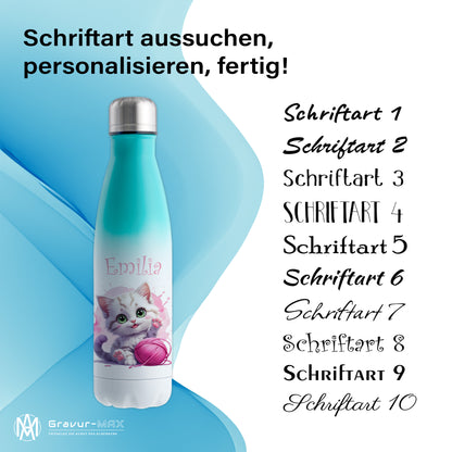 Trinkflasche in Weiß/Mint 500ml aus Edelstahl bedruckt mit niedlichen Tieren "Katze" personalisierbar für Kinder mit Wunschname