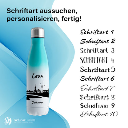 Trinkflasche in Weiß/Mint 500ml aus Edelstahl bedruckt mit der Skyline von Cuxhaven personalisierbar mit Wunschname