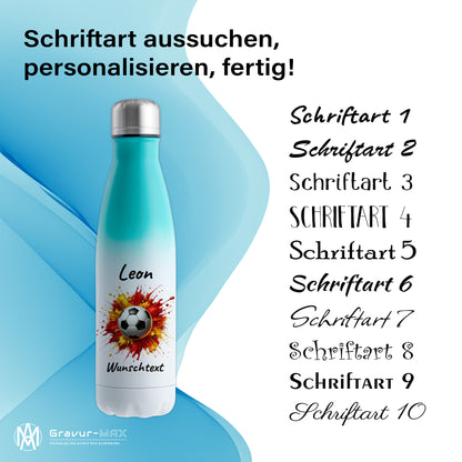 Thermoflasche 500ml in Weiß/Mint aus Edelstahl bedruckt "Fußball" Motiv9 personalisierbar mit Wunschname & Text
