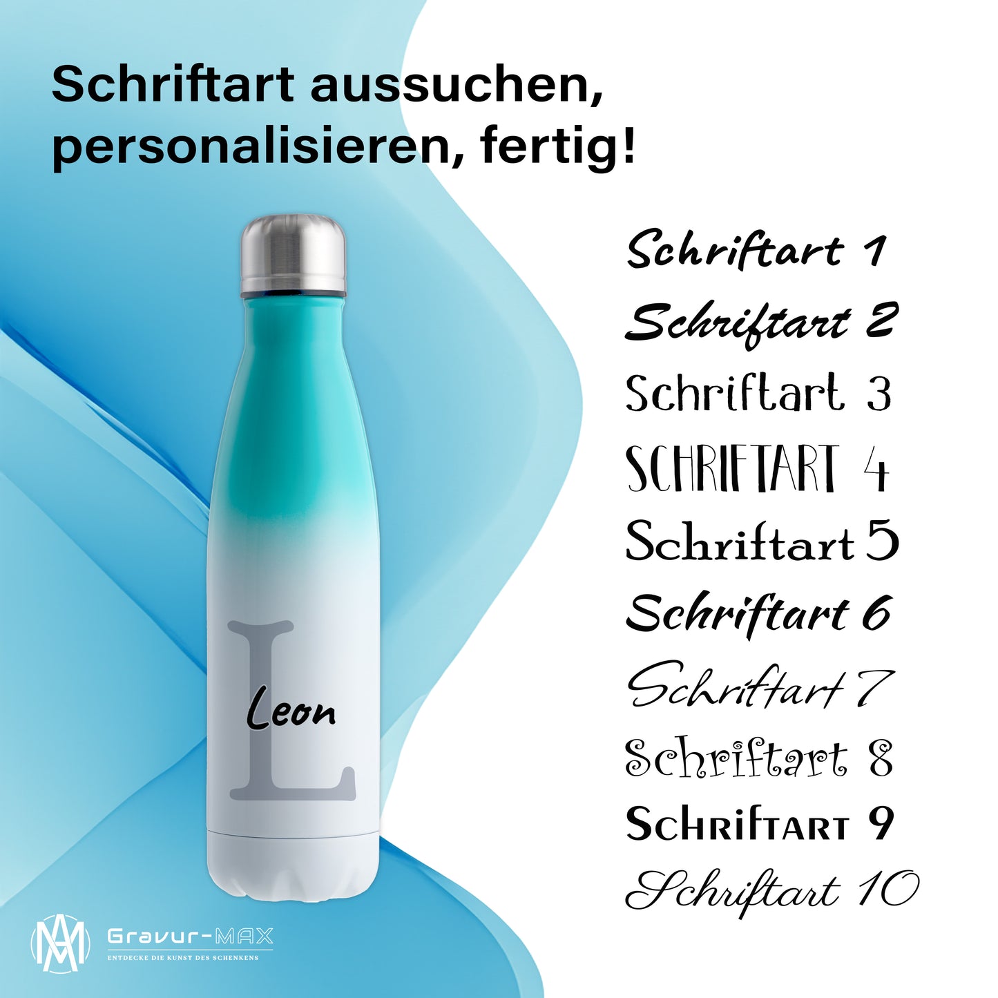 Thermoflasche 500ml aus Edelstahl in Weiß/Mint personalisierbar mit Wunschname auslaufsichere Trinkflasche