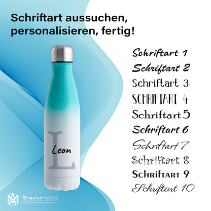 Thermoflasche 500ml aus Edelstahl in Weiß/Mint personalisierbar mit Wunschname auslaufsichere Trinkflasche