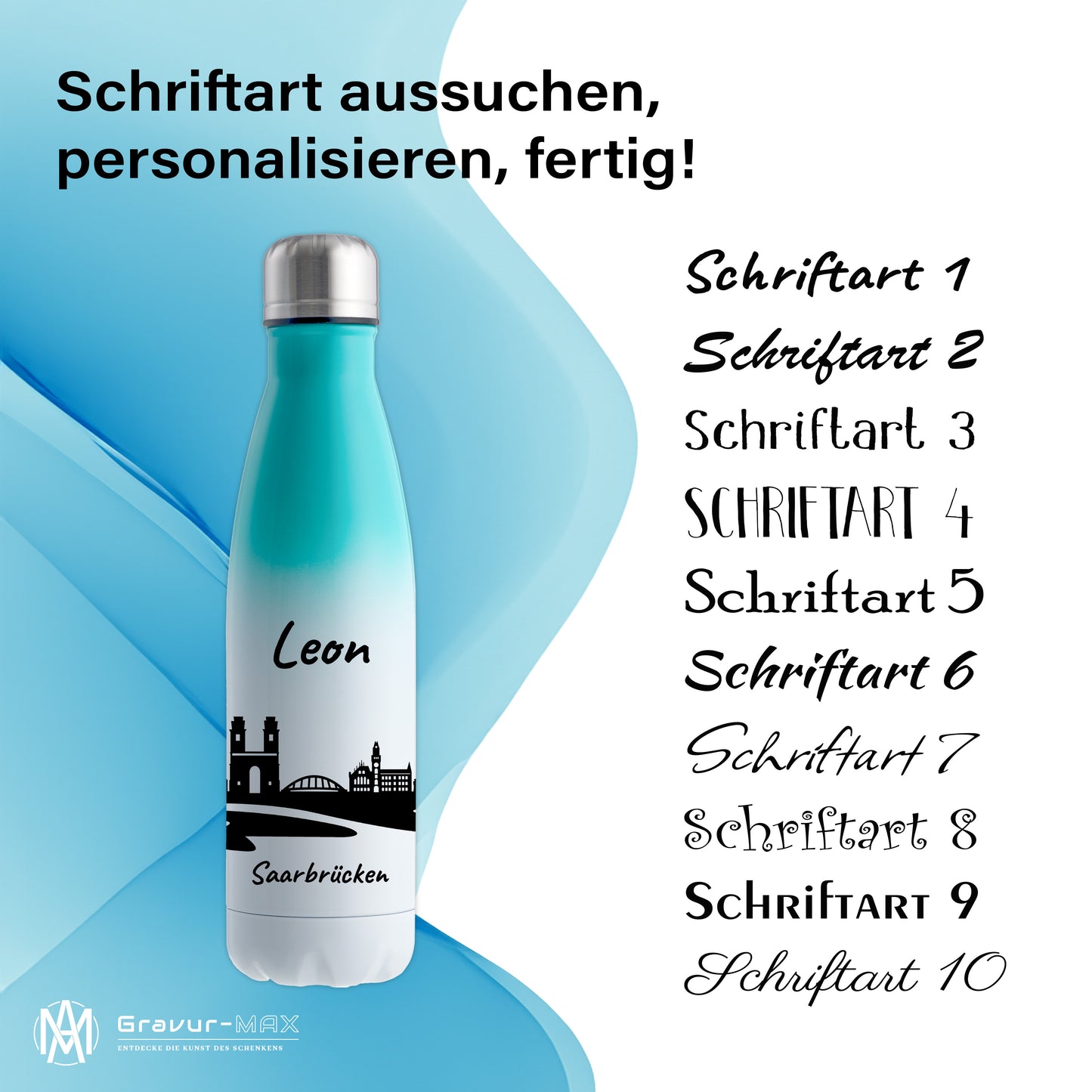 Trinkflasche in Weiß/Mint 500ml aus Edelstahl bedruckt mit der Skyline von Saarbrücken personalisierbar mit Wunschname