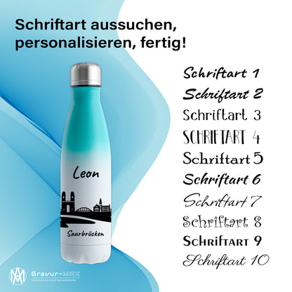 Trinkflasche in Weiß/Mint 500ml aus Edelstahl bedruckt mit der Skyline von Saarbrücken personalisierbar mit Wunschname