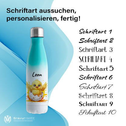 Trinkflasche in Weiß/Mint 500ml aus Edelstahl bedruckt mit niedlichen Tieren "Küken" personalisierbar für Kinder mit Wunschname