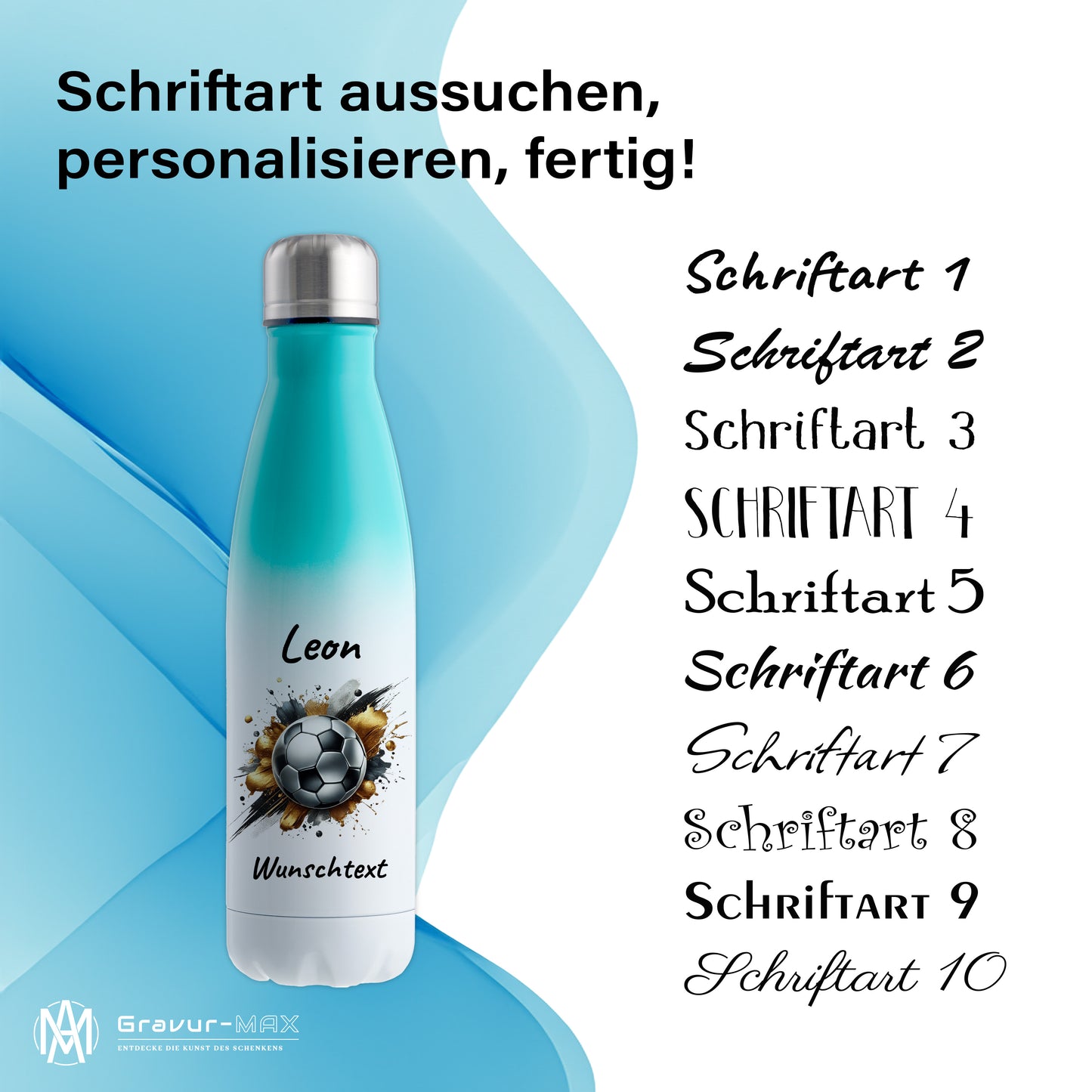 Thermoflasche 500ml in Weiß/Mint aus Edelstahl bedruckt "Fußball" Motiv13 personalisierbar mit Wunschname & Text