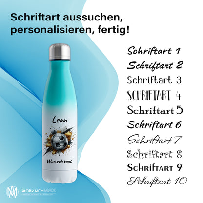 Thermoflasche 500ml in Weiß/Mint aus Edelstahl bedruckt "Fußball" Motiv13 personalisierbar mit Wunschname & Text