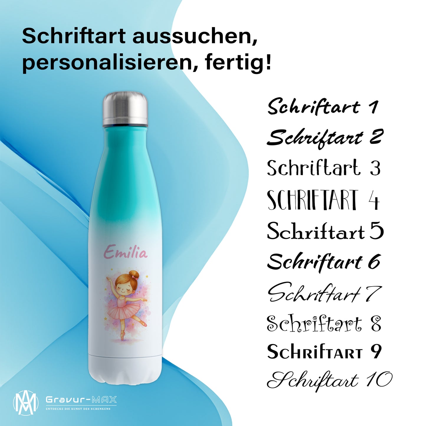 Thermoflasche 500ml in Weiß/Mint bedruckt mit tollen Motiven für Kinder "Ballerina" personalisierbar mit Wunschname
