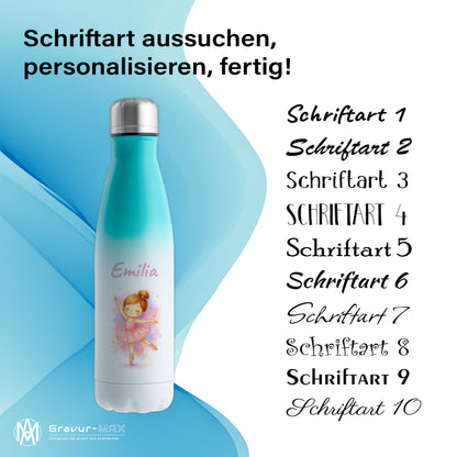 Thermoflasche 500ml in Weiß/Mint bedruckt mit tollen Motiven für Kinder "Ballerina" personalisierbar mit Wunschname