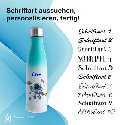 Thermoflasche 500ml in Weiß/Mint bedruckt mit tollen Motiven für Kinder "Astronaut" personalisierbar mit Wunschname