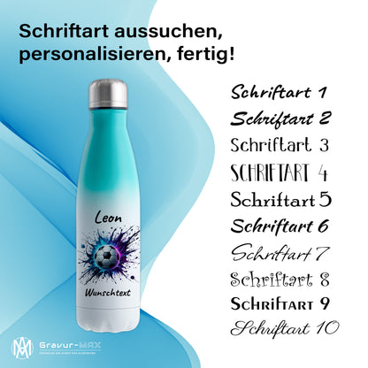 Thermoflasche 500ml in Weiß/Mint aus Edelstahl bedruckt "Fußball" Motiv10 personalisierbar mit Wunschname & Text