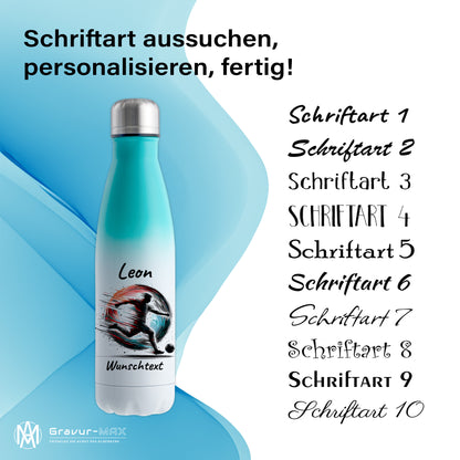 Thermoflasche 500ml in Weiß/Mint aus Edelstahl bedruckt "Fußball" Motiv3 personalisierbar mit Wunschname & Text
