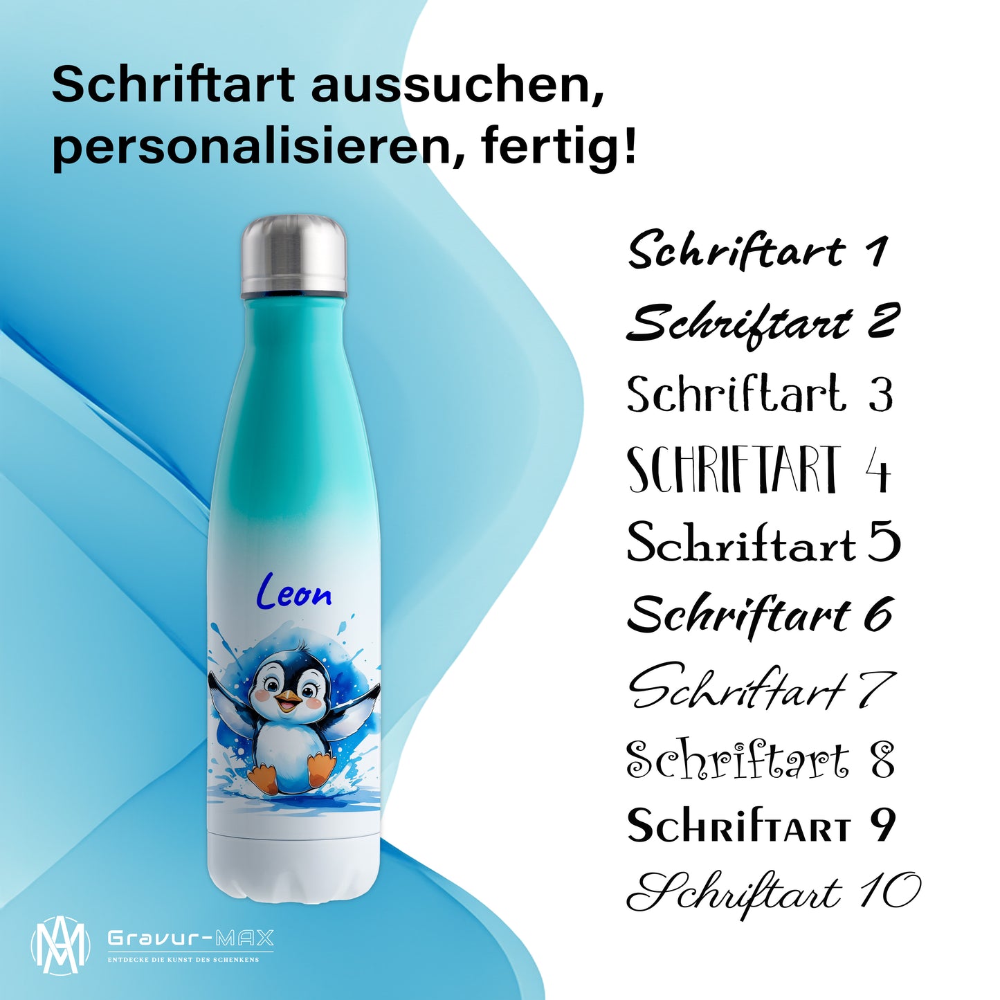 Trinkflasche in Weiß/Mint 500ml aus Edelstahl bedruckt mit niedlichen Tieren "Pinguin" personalisierbar für Kinder mit Wunschname