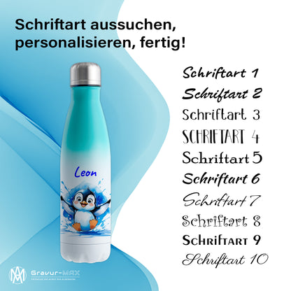 Trinkflasche in Weiß/Mint 500ml aus Edelstahl bedruckt mit niedlichen Tieren "Pinguin" personalisierbar für Kinder mit Wunschname