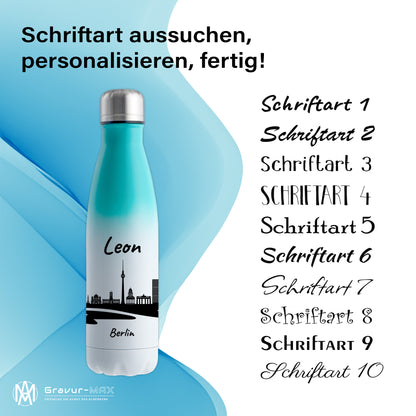Trinkflasche in Weiß/Mint 500ml aus Edelstahl bedruckt mit der Skyline von Berlin personalisierbar mit Wunschname