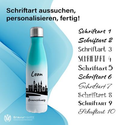 Trinkflasche in Weiß/Mint 500ml aus Edelstahl bedruckt mit der Skyline von Braunschweig personalisierbar mit Wunschname