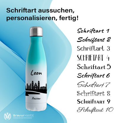 Trinkflasche in Weiß/Mint 500ml aus Edelstahl bedruckt mit der Skyline von Passau personalisierbar mit Wunschname