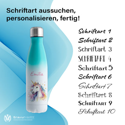 Thermoflasche 500ml in Weiß/Mint bedruckt mit tollen Motiven für Kinder "Einhorn" personalisierbar mit Wunschname