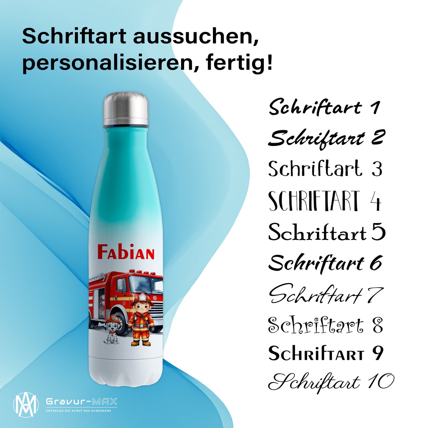 Thermoflasche 500ml in Weiß/Mint bedruckt mit tollen Motiven für Kinder "Feuerwehr" personalisierbar mit Wunschname
