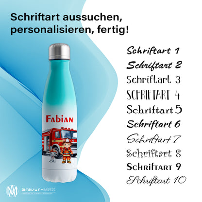 Thermoflasche 500ml in Weiß/Mint bedruckt mit tollen Motiven für Kinder "Feuerwehr" personalisierbar mit Wunschname