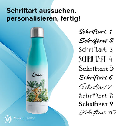 Trinkflasche mit Farbverlauf in Weiß/Mint 500ml aus Edelstahl bedruckt mit Dschungel Tieren"Giraffe" personalisierbar für Kinder mit Wunschname
