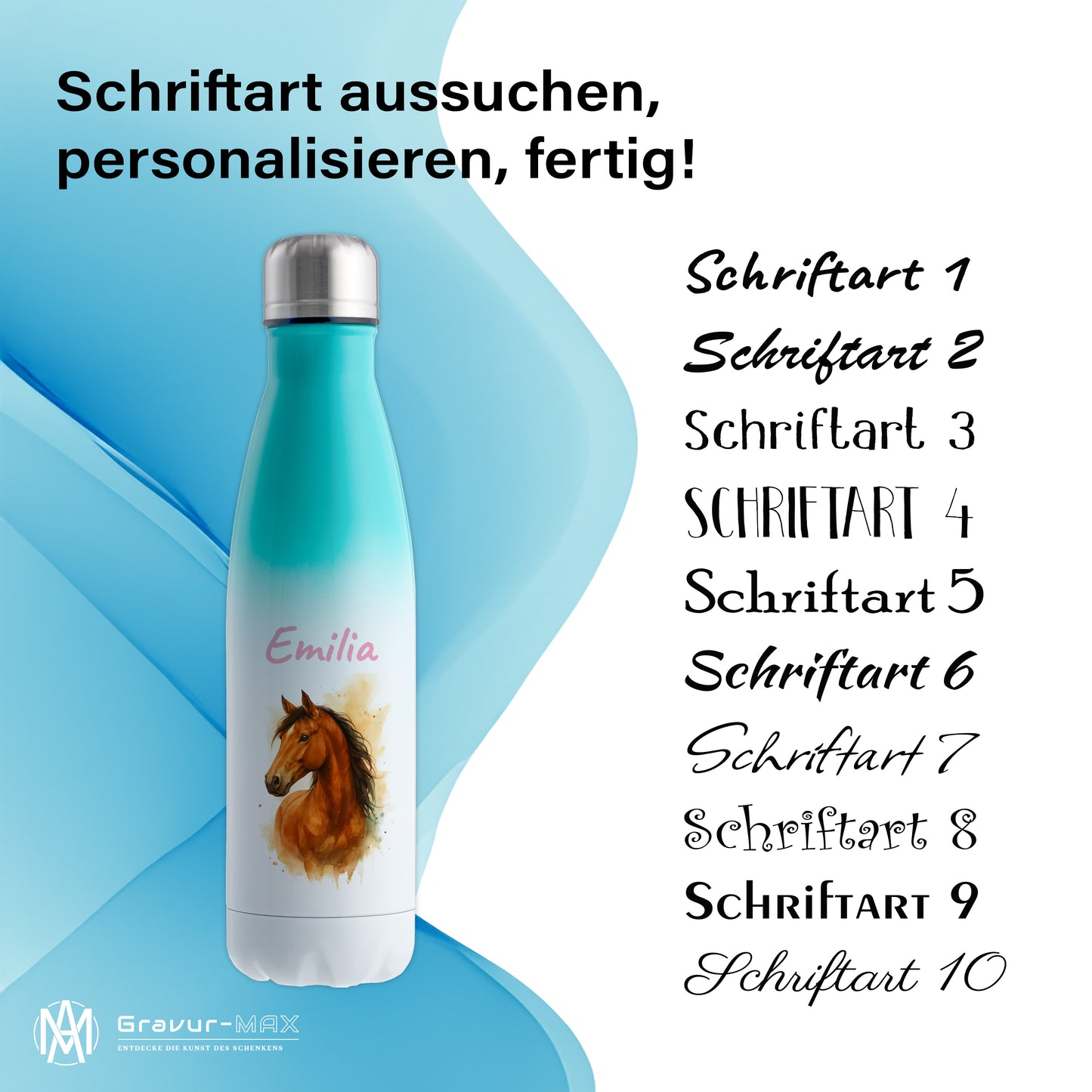 Thermoflasche 500ml in Weiß/Mint bedruckt mit tollen Motiven für Kinder "Pferd" personalisierbar mit Wunschname