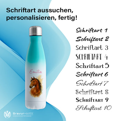 Thermoflasche 500ml in Weiß/Mint bedruckt mit tollen Motiven für Kinder "Pferd" personalisierbar mit Wunschname