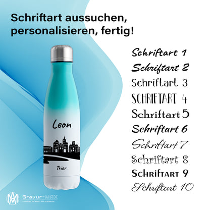Trinkflasche in Weiß/Mint 500ml aus Edelstahl bedruckt mit der Skyline von Trier personalisierbar mit Wunschname