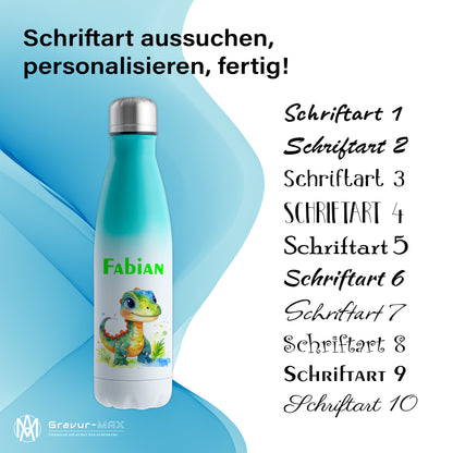 Thermoflasche 500ml in Weiß/Mint bedruckt mit tollen Motiven für Kinder "Dino Kinder" personalisierbar mit Wunschname