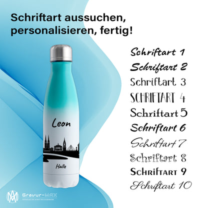 Trinkflasche in Weiß/Mint 500ml aus Edelstahl bedruckt mit der Skyline von Halle personalisierbar mit Wunschname